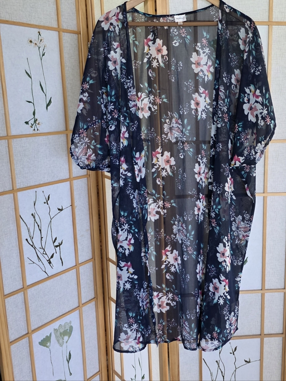 Dizzy Gal Kimono Sheer Floral Cover-Up in Navy with Pink & Teal Accents
